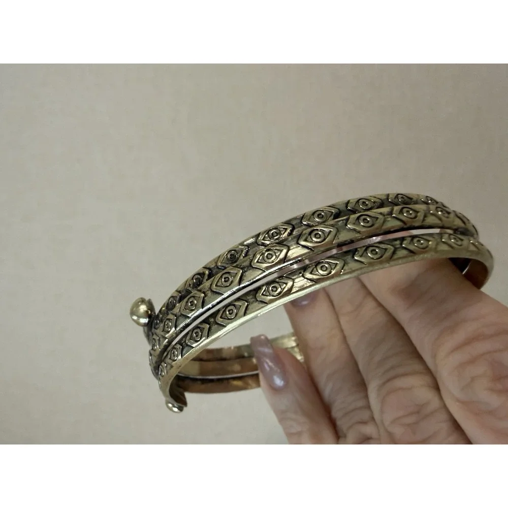 Vintage Brass Evil Eye Triple Band Cuff Bracelet Boho Tribal Adjustable Wide - Picture 7 of 10